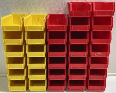 (32) Small Uline Stacking Storage Bins: (20) Red, (12) Yellow