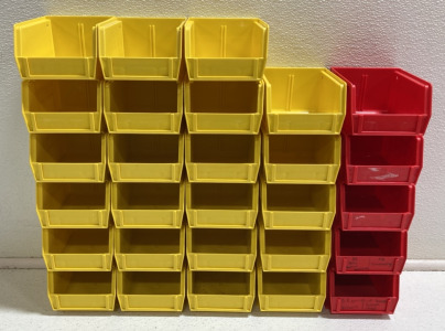 (28) Mini Uline Stacking Storage Bins: (5) Red, (23) Yellow