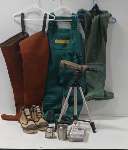 (3) Pairs Of Fishing Waders (1) Pro-Line Boots (1) Tasco Spotting Scope & More