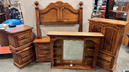 COMPLETE WOODEN BEDROOM SET W/ (2) SIDE TABLES ( 24”x 27”), BED FRAME ( 62” LONG), DRESSER ( 70”x 33”), AND WARDROBE ( 60”x 36”)