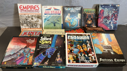 VINTAGE BOARD GAMES THE SWORDS AND THE STARS, TAG AIR, AIR STRIKE, JUNTA AND MORE