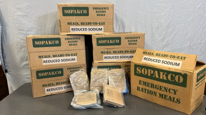 (6) MILITARY MRE’S BOXES (REDUCED SODIUM) 14 MEALS IN EACH BOX