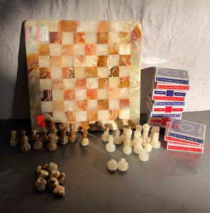 MARBLE CHESS SET ( BROKEN PIECES) AND DECKS OF CARDS