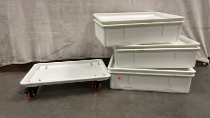 (3) LARGE DOUGH STORAGE BINS W/ LIDS AND ROLLING CART