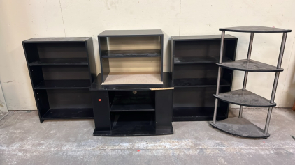 (2) SMALL BLACK BOOK SHELVES ( 36”x 24”), SMALL BLACK MEDIA STAND ( 39”x 31 1/2”), AND BLACK CORNER SHELF ( 39” x 21”)