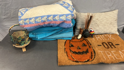 (6) TEAL CURTAIN PANELS, HALLOWEEN DOOR MAT, QUILT, AND MORE