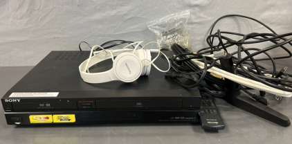 SONY DVD / VHS PLAYER/ RECORDER, CABLES, PANASONIC HEADPHONES AND MORE
