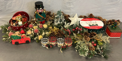 CHIRSTMAS LIGHTS ( WORK ), STRING OF PINE CONES, CANDLES, FROSTED BRANCHES AND MORE