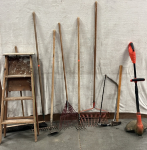 RAKES, WOODEN LADDER, BOW SAW, BROOM AND MORE