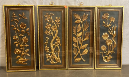 FOUR FRAMED METAL BRANCHES AND FLOWER WALL DECOR