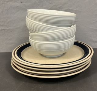 (4) TAN AND BLUE PLATES AND (4) WHITE BOWLS