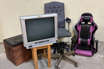 PHILIPS BOX TV ( POWERS ON), BASKET CHEST W/ STORAGE, S-RACER GAMER CHAIR AND MORE