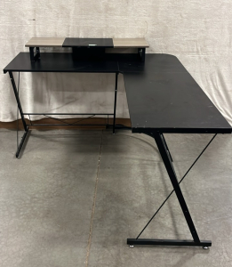 BLACK L- SHAPED DESK AND EXTRA COMPUTER DESK SHELF