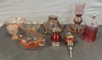 VINTAGE PINK GLASS LAMP SHADE, CANDY DISHES, JARS AND MORE
