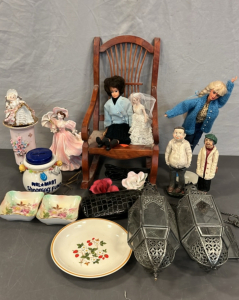 DOLLS, PORCELAIN FIGURES, (2) HANGING CANDLE HOLDERS, AND MORE