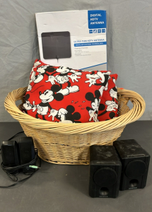 BASKET, MICKEY MOUSE PILLOWS, SPEAKERS AND MORE