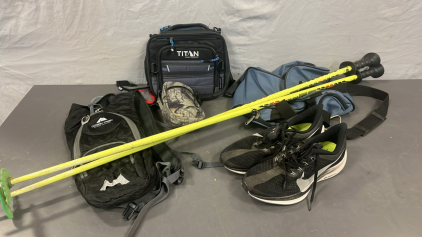 NIKE MENS 10.5 SHOES, OZARK TRAIL WATER BACKPACK, TITAIN FREEZE LUNCHBOX AND MORE