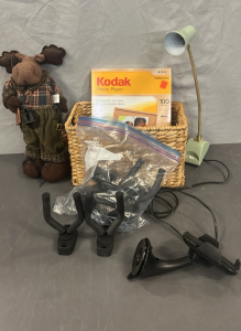 STUFFED MOOSE HUNTER, BASKET, MINT GREEN LAMP, KODAK PHOTO PAPER AND MORE