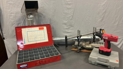 HI- LINE RED ORGANIZER, JORGENSEN HAND SAW, ULRA STEEL CORDLESS DRILL ( WORKS) AND MORE