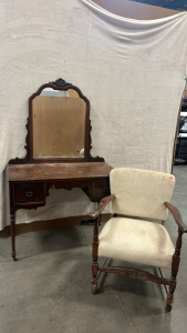 VINTAGE ROLLING VANITY AND WHITE CUSHIONED CHAIR