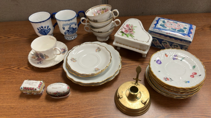 TEA CUPS, PLATES, PORCELAIN MUSIC BOX AND MORE