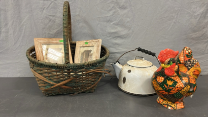 WHITE TEA POT, PATTERNED CHICKEN, (2) FRAMED PRINTS AND BASKET