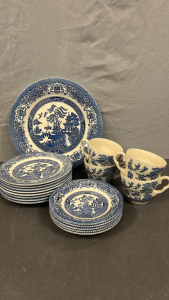 BLUE/ WHITE PLATES AND TEA CUPS