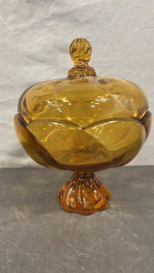 VIKING AMBER COVERED DISH AND COIN GLASS