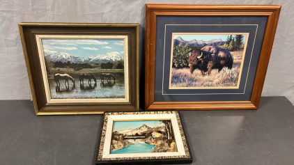 FRAMED HORSE PICTURE, 3D CABIN ART, AND FRAMED BUFFALO PICTURE