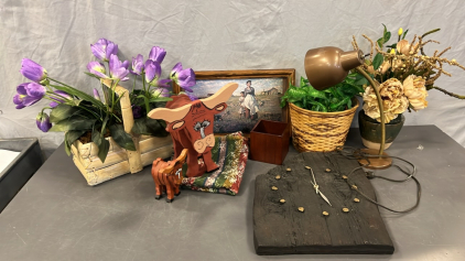 WOODEN LONG HORNS, FAKE PLANTS, CLOCK, FRAMED HOMSTEAD PICTURE, AND MORE