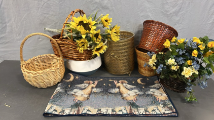 WICKER BASKETS, FAKE FLOWER, TABLE RUNNER AND MORE