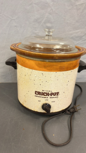 VINTAGE RIVAL CROCKPOT (WORKS), DOMINION WAFFLE MAKER( WORKS) AND VINTAGE MEASURING CUPS