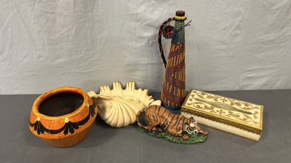 CERAMIC TIGER STATUE, GOLD TISSUE BOX COVER, A PLANT POT AND MORE