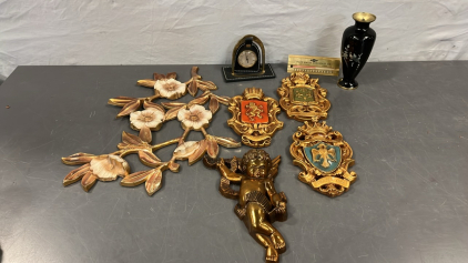 HANGING GOLD FLOWER PIECE , (3) HANGING CREST SYMBOLS, CLOCK AND MORE