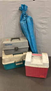 TACKLE BOXES, RUBBERMAID COOLER, VINTAGE AND MODERN REELS AND MORE