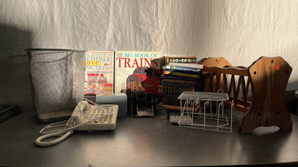 BOOKS, PHONE, ORGANIZERS, METAL TRASH BIN AND MORE