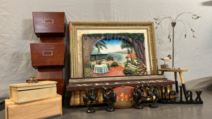 LARGE 3D TROPICAL PICTURE, WOODEN ORGANIZERS, (4) DEER FIGURES, AND MORE