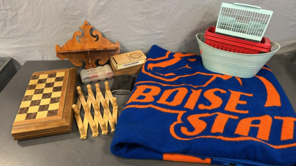 BOISE STATE BLANKET, FOLDABLE CHESS BOARD, WOODEN CIGAR BOXES, AND MORE