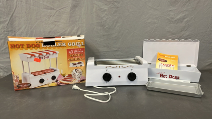 NOSTALGIA ELECTRIC HOT DOG ROLLER GRILL W/ NON-STICK GRIDDLE ( POWERS ON )