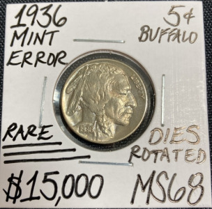 1936 MS68 RARE Mint Error Buffalo Nickel