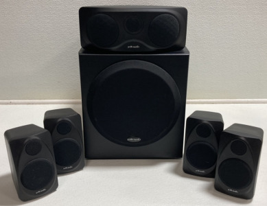 Polk Audio Speaker Set: (1) 8” Powered Subwoofer, (4) Satelite Speakers, (1) Center Channel