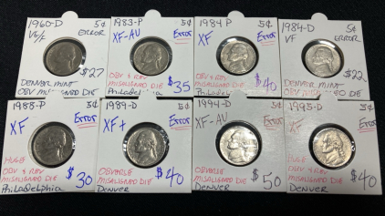 (8) Error Jefferson Nickels Dated Between 1960-1995