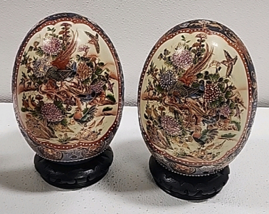 (2) Asian Themed 10" Ceramic Eggs With Stands