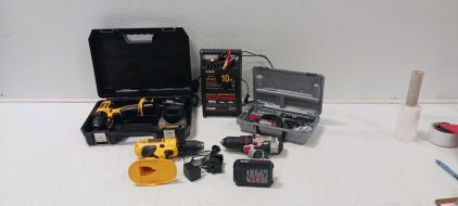 (1) 12v Dewalt Drill Model Dc742 (1) 18v Dewalt Drill Model Dc970 No Battery (1) Exide 10Amp Battery Charger & More