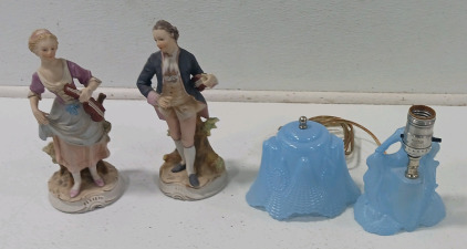 (1) Vintage Glass Lamp (2) Figureines