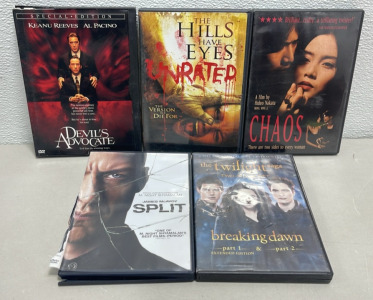 (5) DVD Movies…. Devils Advocate, The Hills Have Eyes, Chaos, Split, Twilight Saga Breaking Dawn