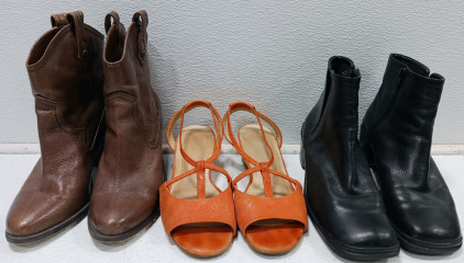 (1) Jessica Simpson Sz 8 Tan High-heeled Boot (1) Nuture Sz 7.5 Orange Sandal (1) Liz Claiborne Black Zip Boot Sz 7.5