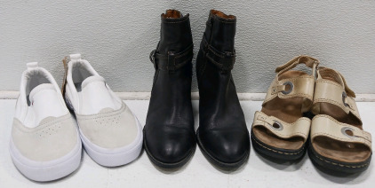 (1) Champion Sz 8 Canvas Slip on Shoes (1) Sofft Sz 8 Leather High-heeled Boot (1) Clark's Sz 8 Tan Sandal