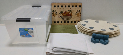 (1) 45 qt Clear Storage Bin w/Lid (8) Heart Woven Placemats & Heart Napkin Holders (2) White Table Cloths & More!