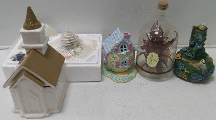 (1) Cracker Barrel Ceramic Church Cookie Jar (1) Enchanted Fairy Misting Bowl (1) Spring Garden Tealight House (1) Decorative Leaves in Bottle (1) Natural Waterfall Fountain